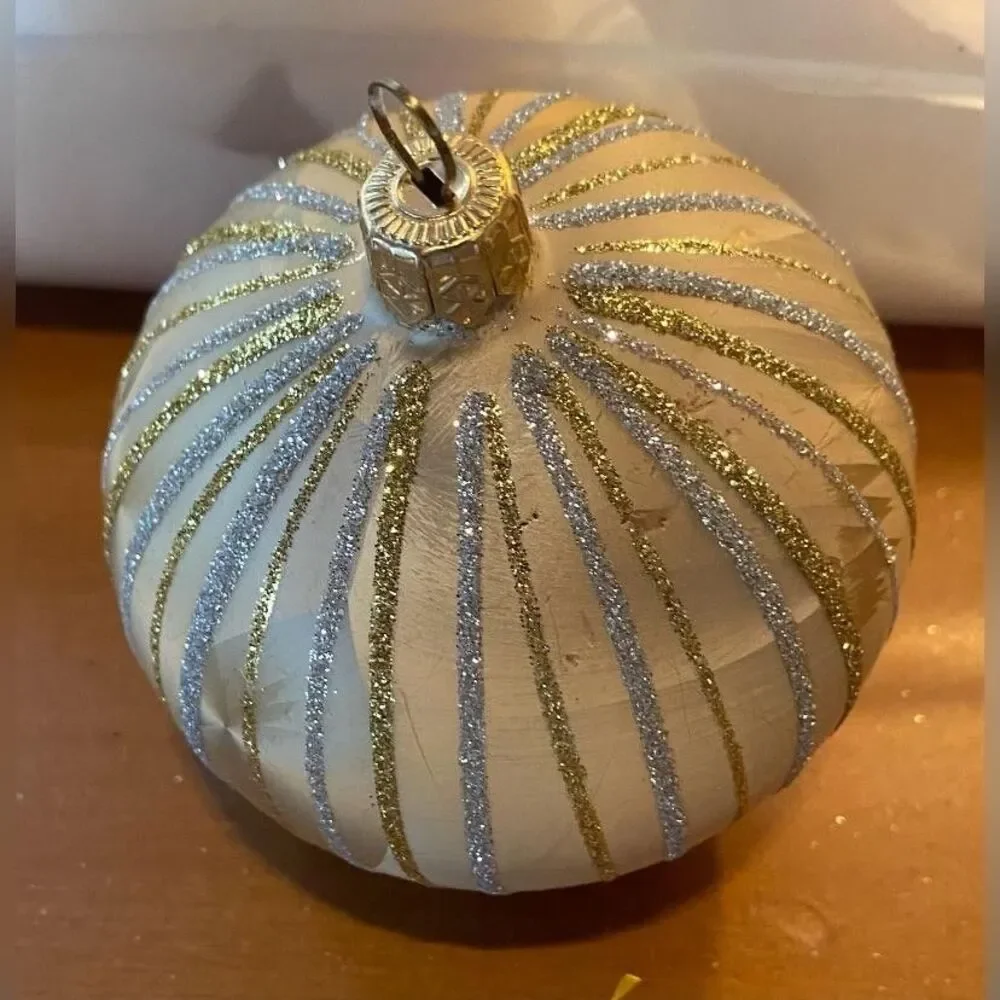 Vintage White Glass Christmas Bauble Medium Glitter Stripe Ornament Decor 3.5
